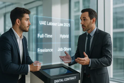Two businessmen in suits discussing UAE Labour Law 2025 and work options like Full-Time, Hybrid, Freelance, Job-Share on a digital screen.