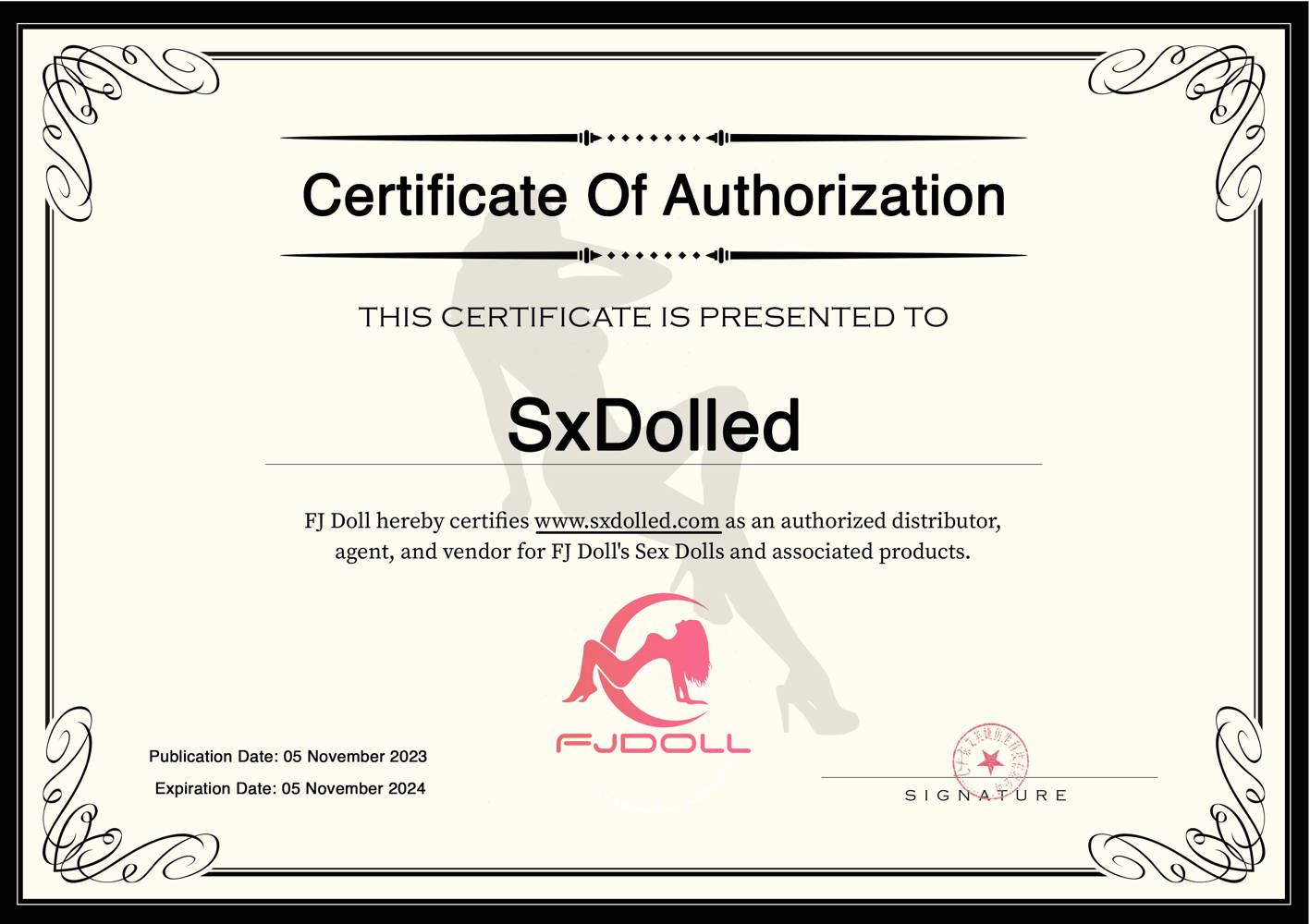 FJ Doll Certificate of Authorisation with SxDolled.com