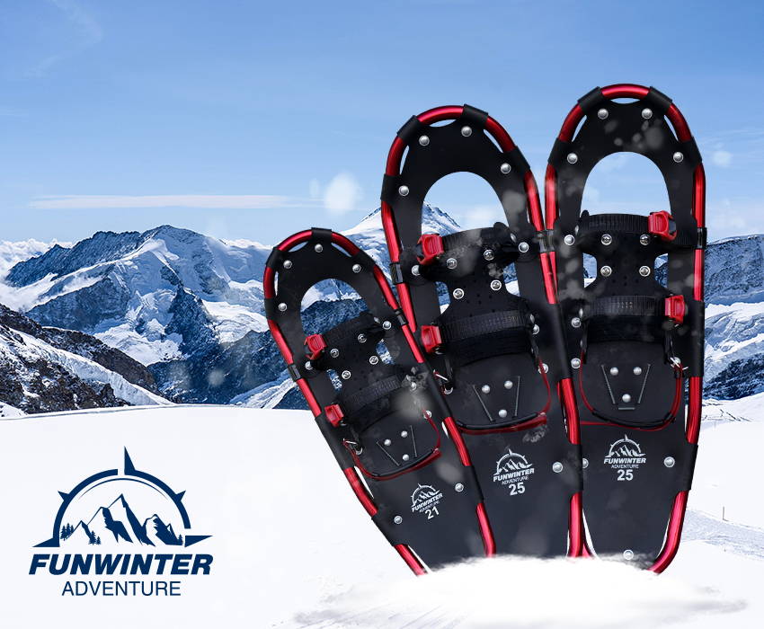 Two size images of Funwater women’s red snowshoes