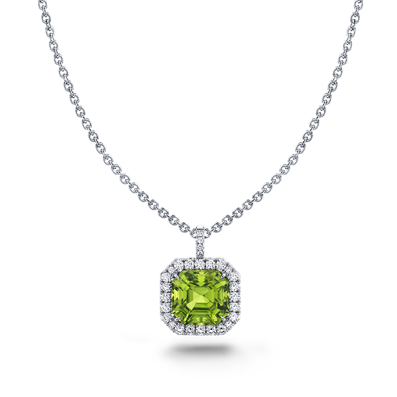 Peridot and Diamond pendant in platinum with chain.