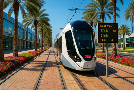 A white and black modern tram with "DUBAI" on it moves along tracks next to a sidewalk with palm trees, colorful flowers, and buildings under a blue sky.