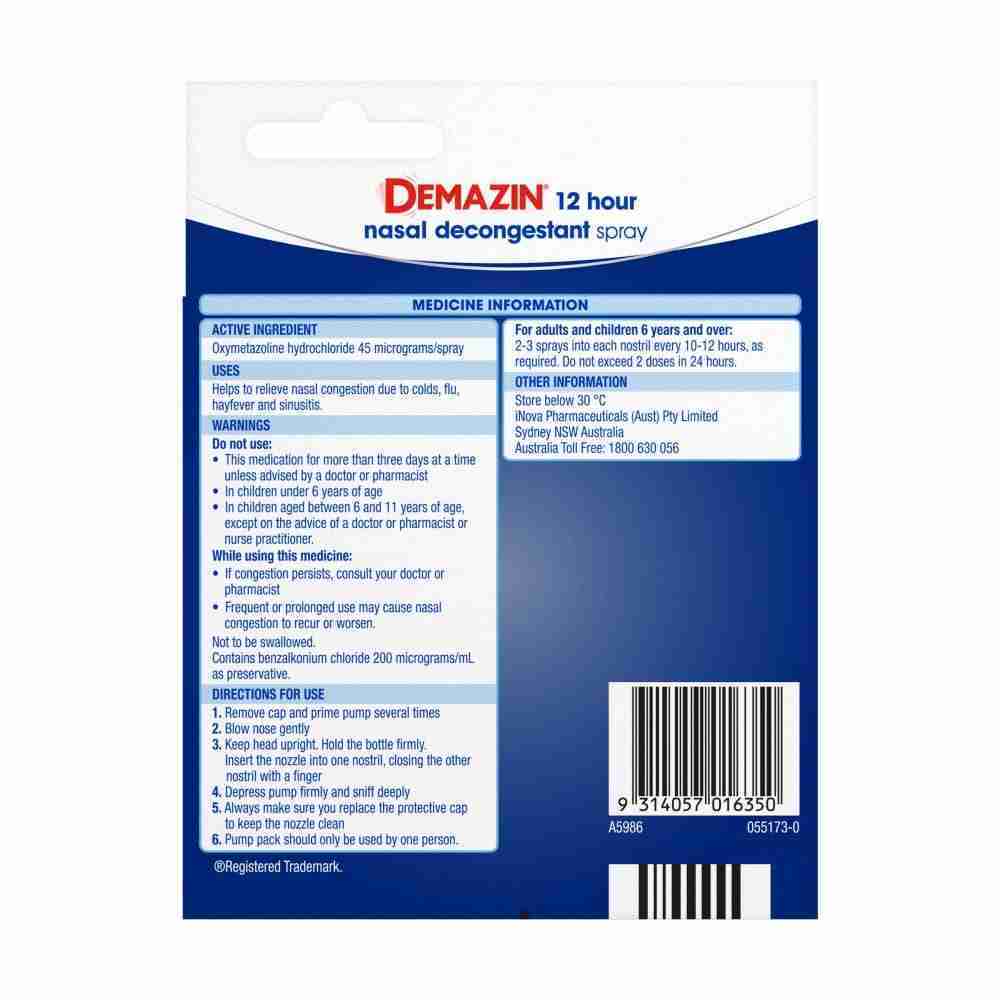 Demazin 12 Hour Nasal Decongestant Spray 20mL - Image 3