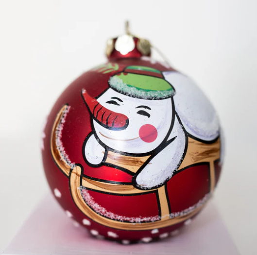 Sleigh Ride Snow Man – Red Glass Bauble 100mm
