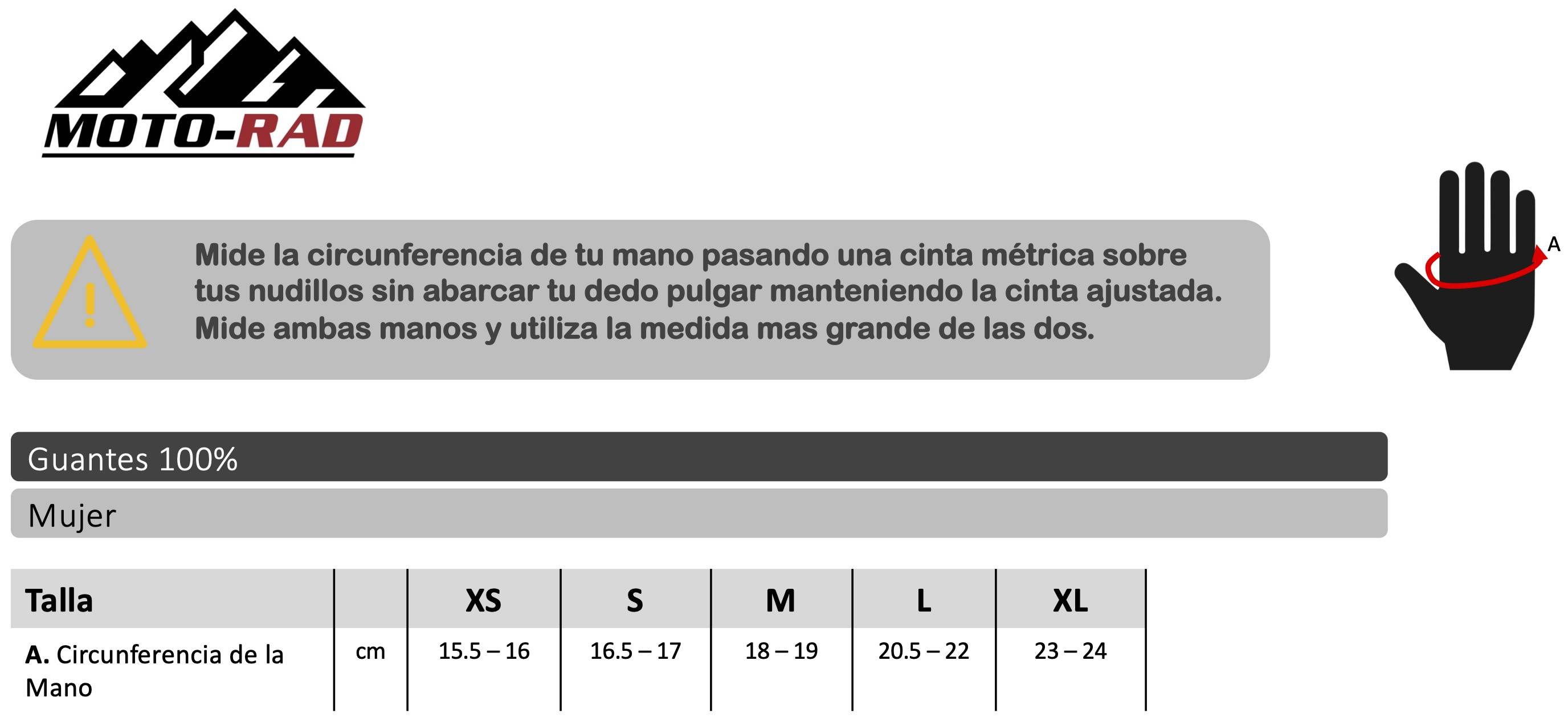 Guia de Tallas Guantes 100%