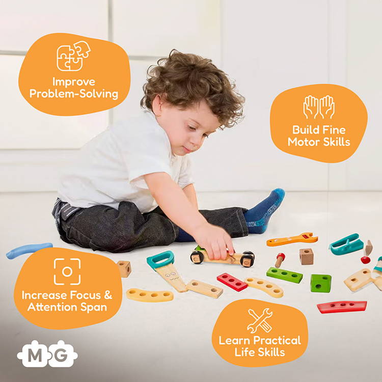 Little boy playing with a wooden car that he made with his Montessori Wooden Toolbox.