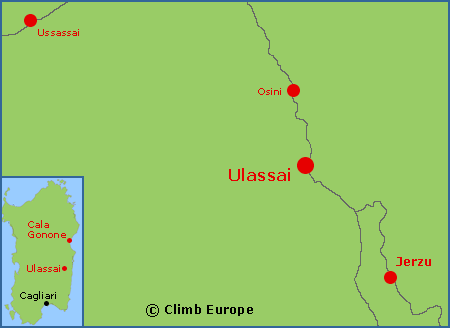 Map showing the location of Ulassai and Jerzu in Sardinia