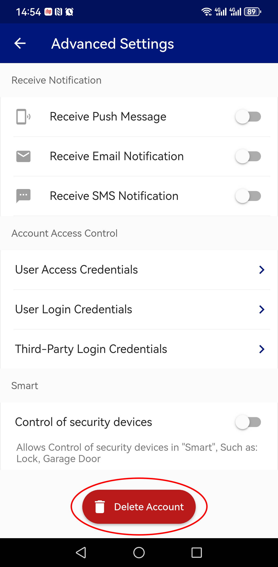 Advanced settings screen showing account options. Tap Delete Account to permanently remove your account and associated data.