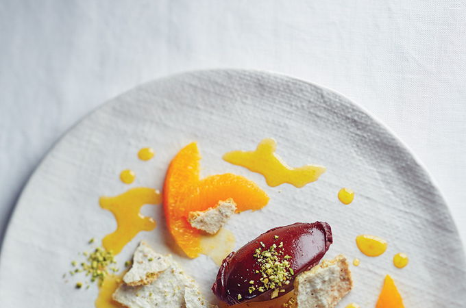 Pistachio <i>Dacquoise</i>, Cardamom Ganache and Orange Syrup