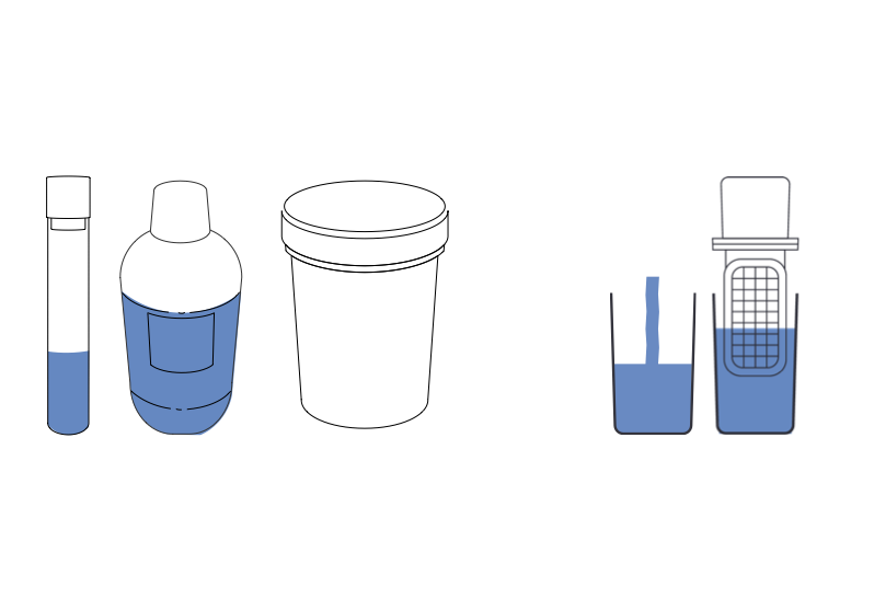 Schema of a tube, a bottle of water, a pot and a nomad tester