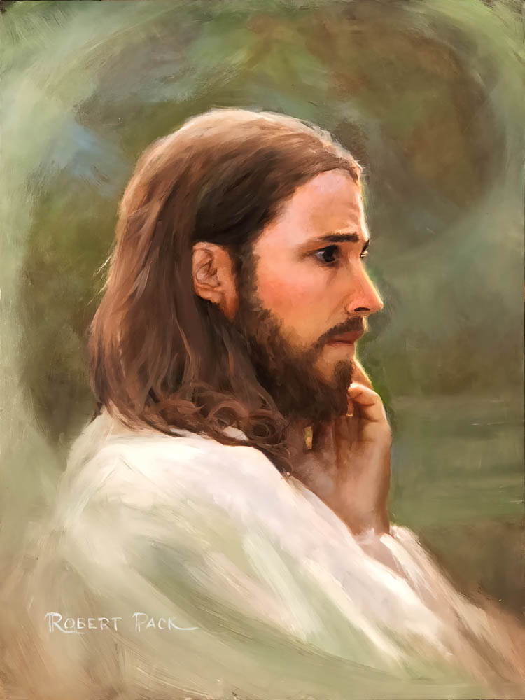 Painted portrait of Jesus with a concerned expession.