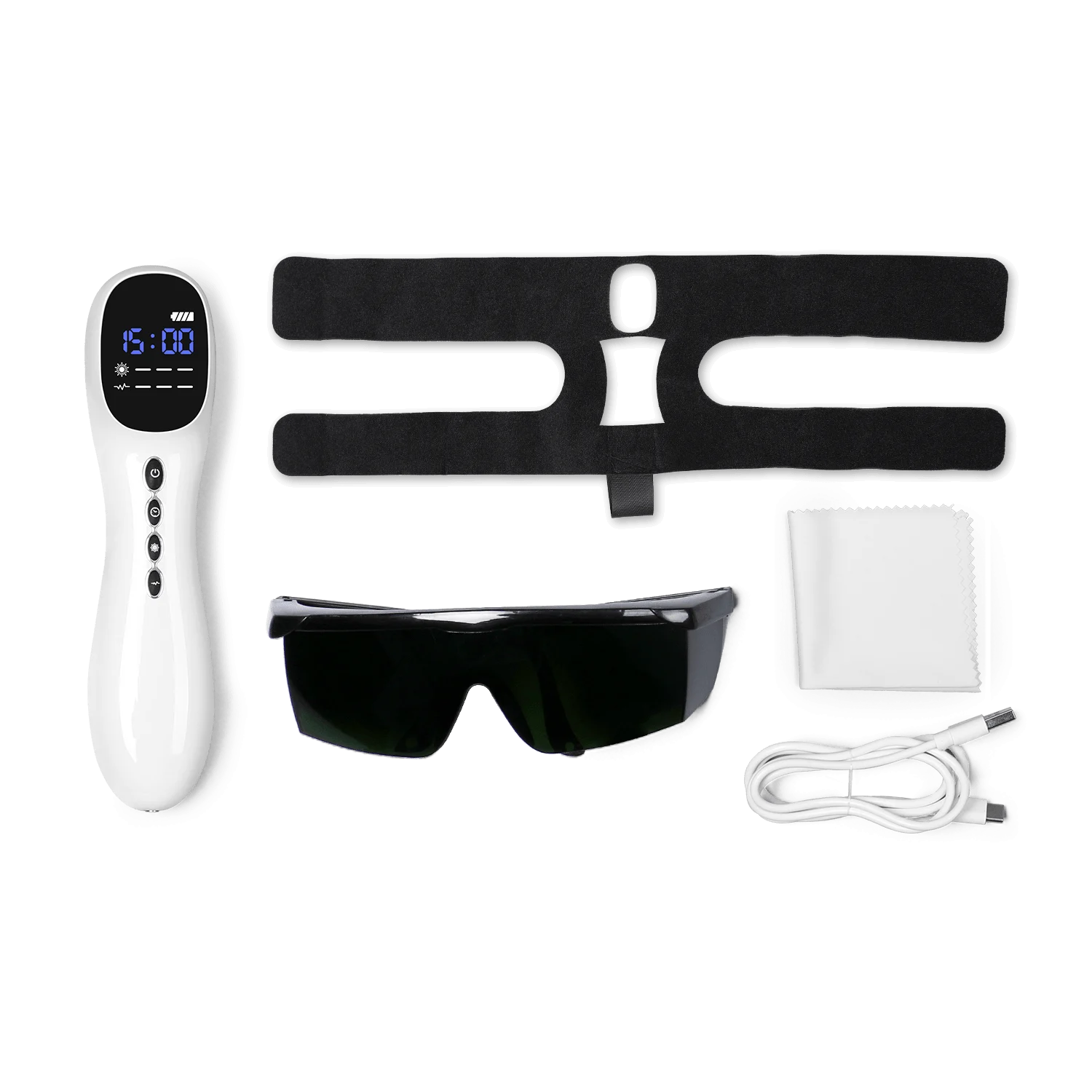 Laser and TENS therapy device shown in box with included components
