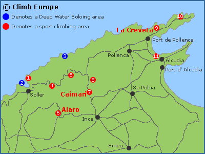 Map of the rock climbing areas in north western Mallorca