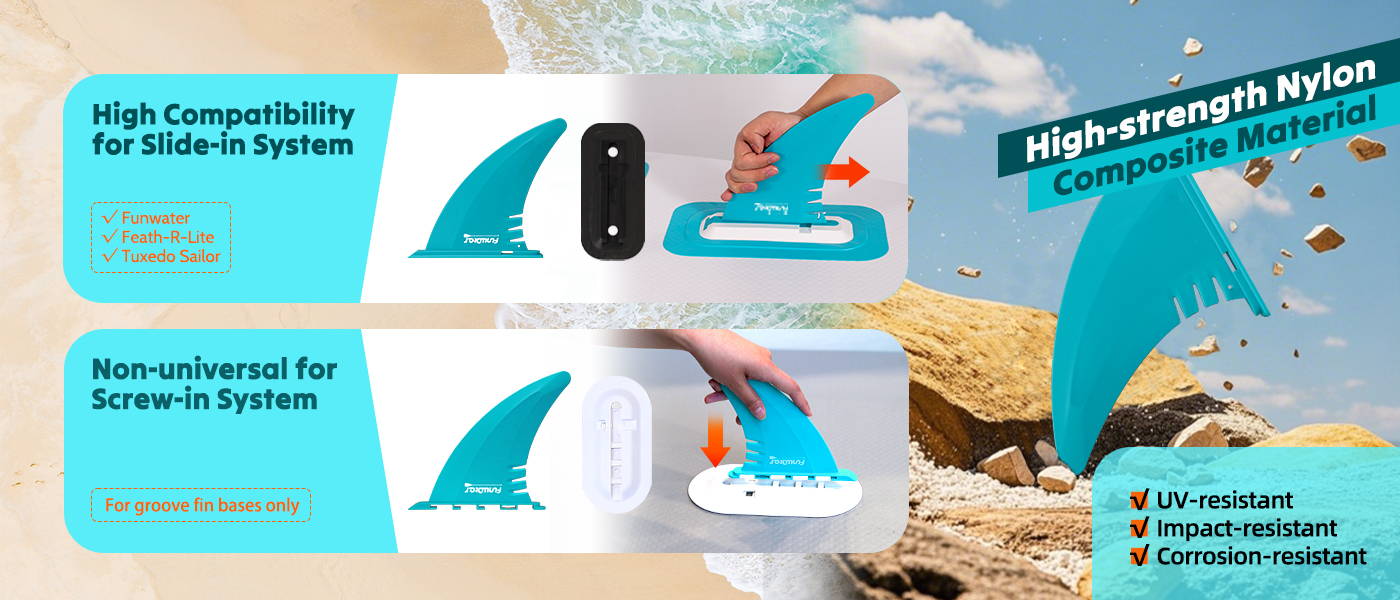 Funwater paddle board center fin 7" use high-strength nylon, UV-resistant, impact-resistant, corrosion-resistant for slide in system and screw in system