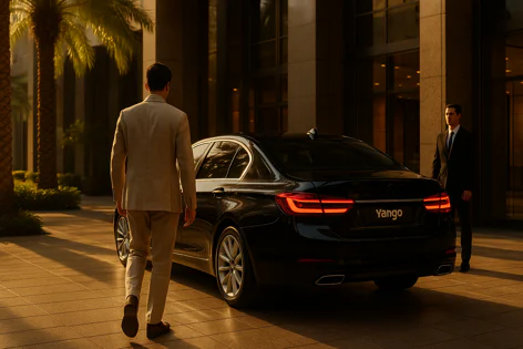 A person in a suit approaches a black premium car with a driver waiting nearby, in front of a modern building during golden hour light.