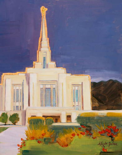 Painting of Ogden Temple against a clear blue sky.