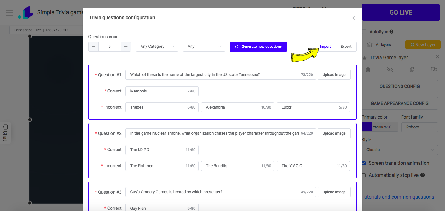 Trivia game questions file import