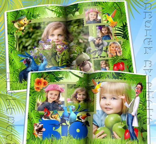 Детская фотокнига в PSD формате с героями мультфильма Рио