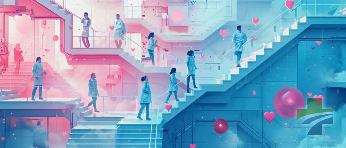 Illustration of healthcare workers navigating an emotional landscape.