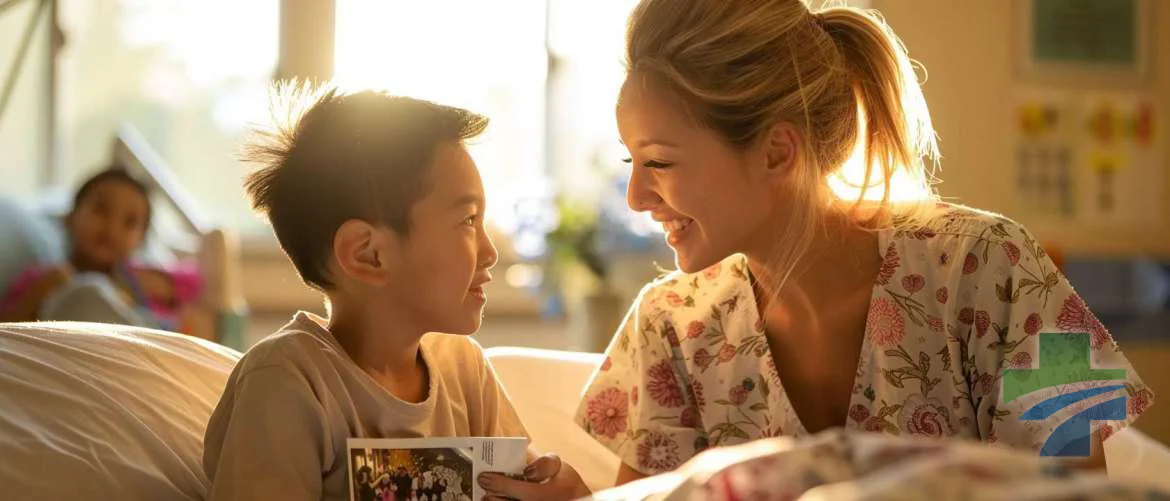 Nurse and young patient smiling over a photo in a hospital room