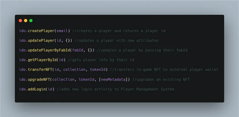 Sample methods available to be called from within a game to the idexo Web3 Player Management API.