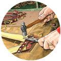 illustration of a person hammering a rivet to attach the backstraps of an isle royale pack
