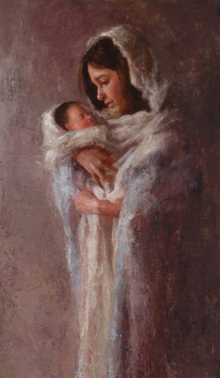 Textured painting of Mary in soft robes holding baby Jesus.