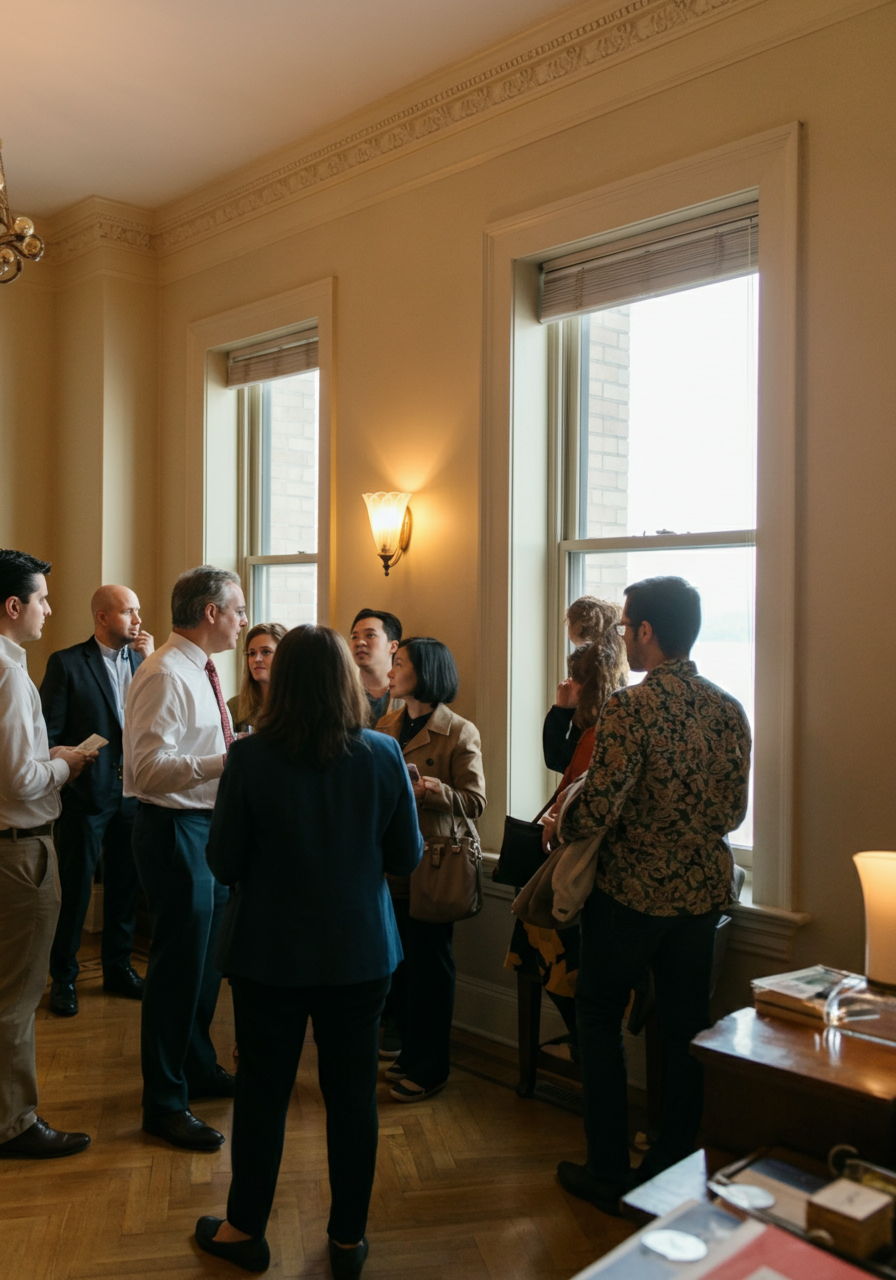 A busy open house in a Gold Coast vintage cooperative apartment with potential buyers examining the property's original architectural details. Real estate agents discuss features while visitors admire lake views through tall windows, demonstrating the competitive buying environment that necessitates strategic offer evaluation.