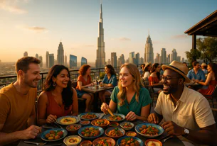 Group of friends enjoys a rooftop dinner overlooking the stunning Dubai skyline with the Burj Khalifa at sunset. A table is laden with delicious food.