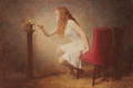 Young woman tending to a small potted plant sitting on a pedastal.