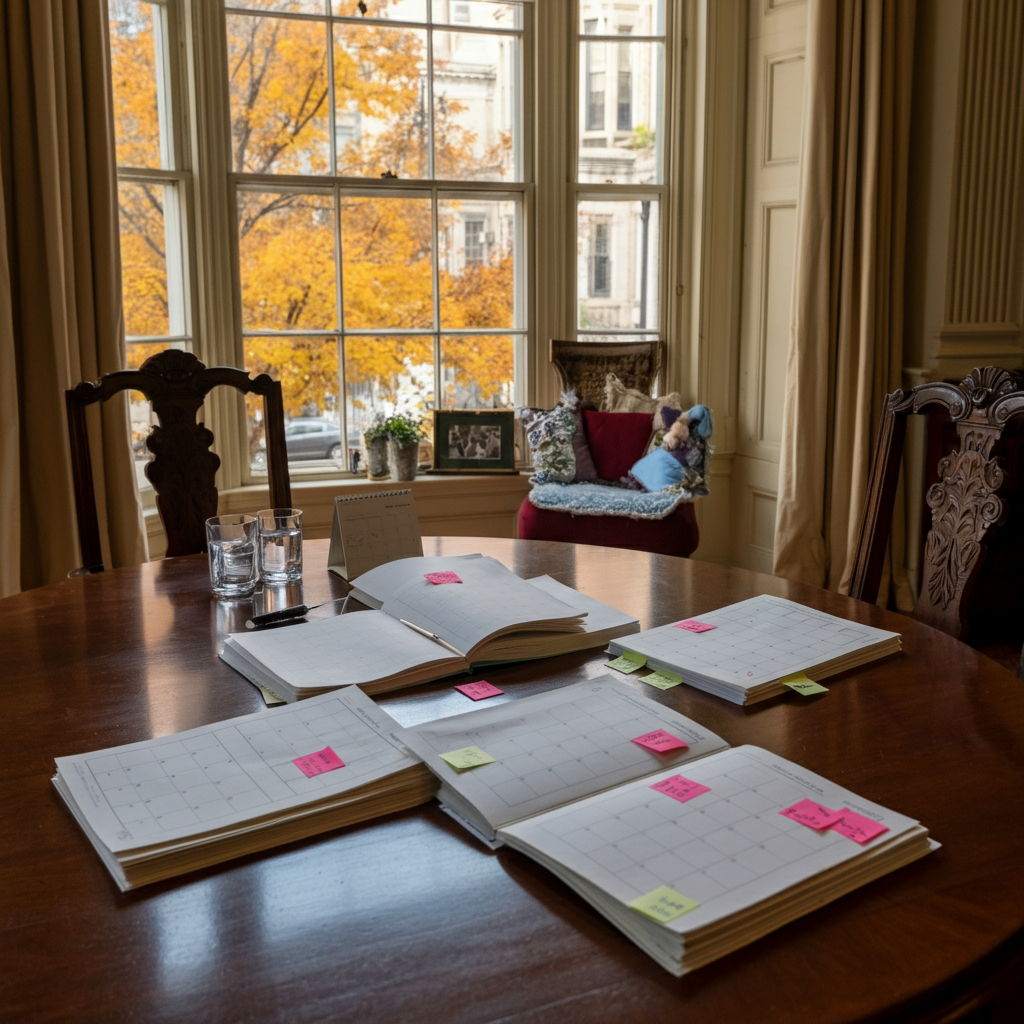 A Gold Coast seller reviewing multiple offer timelines spread across an elegant dining table. Calendar pages with different closing dates are marked with color-coded notes. Through bay windows, autumn leaves fall on the historic streetscape, suggesting seasonal considerations that might influence the seller's timeline preferences.