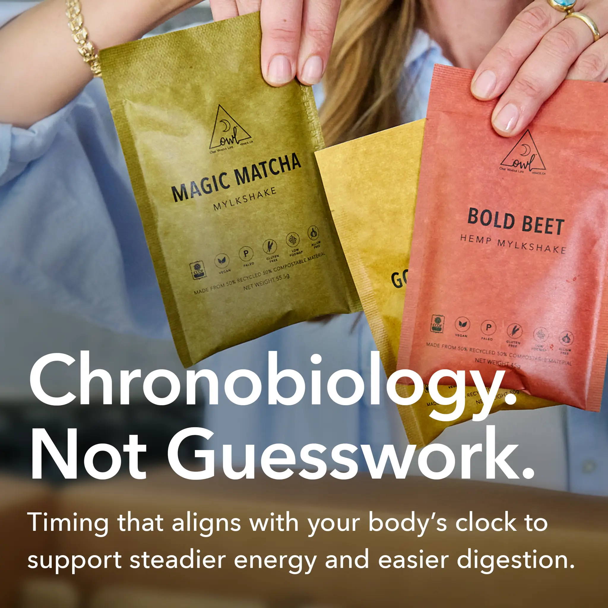 Chronobiology. Not Guesswork. Timing that aligns with your body's clock to support steadier energy and easier digestion.