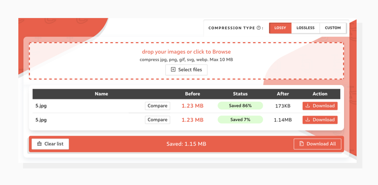 Lossy and lossless compression in Compressor. If you hit the "Compare" button, you’ll be able to evaluate the perceived quality before downloading the picture. Image compression with Compressor