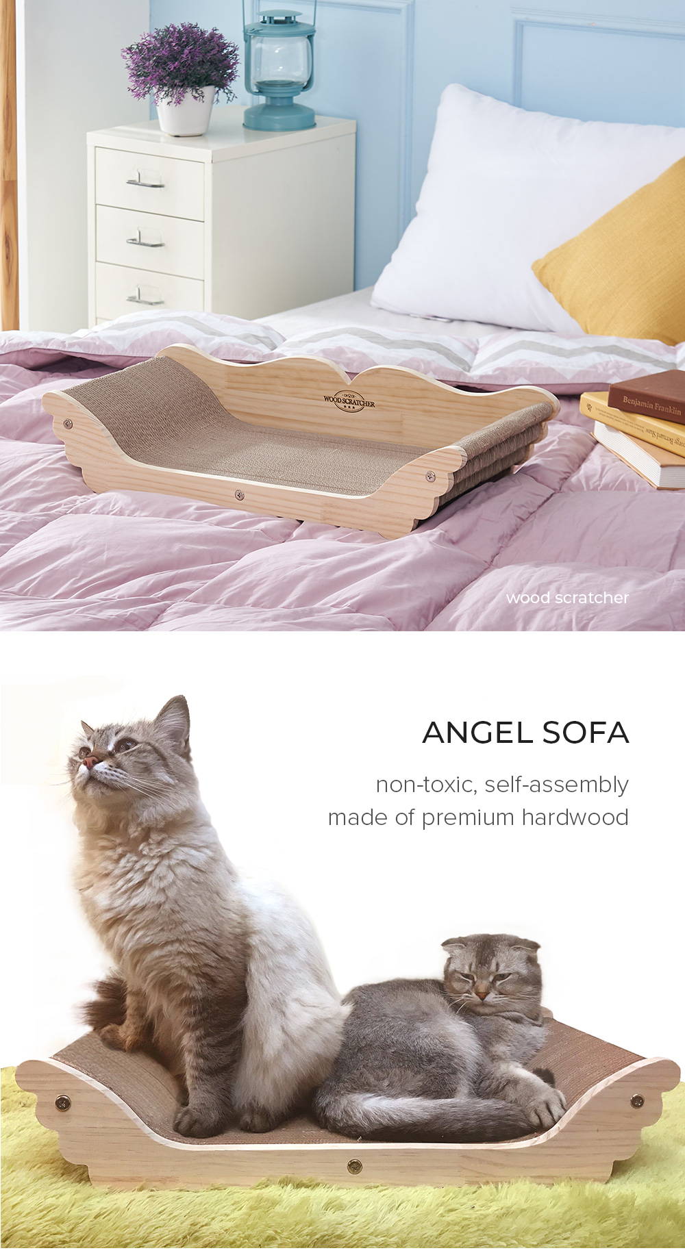 yaomi, cat scratcher, angel sofa scratcher, real hard wood cat scratcher, premium hardwood cat scratcher, replaceable hardwood cat scratcher, replaceable corrugated cardboard, easy to refill, eco-friendly, environment-friendly, non-toxic, furniture design, protect home furniture, relaxing place, releasing stress, strong, high-quality, korean product