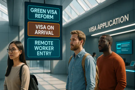 Three people look at a digital board showing Green Visa Reform, Visa on Arrival, and Remote Worker Entry options in a Visa Application office.