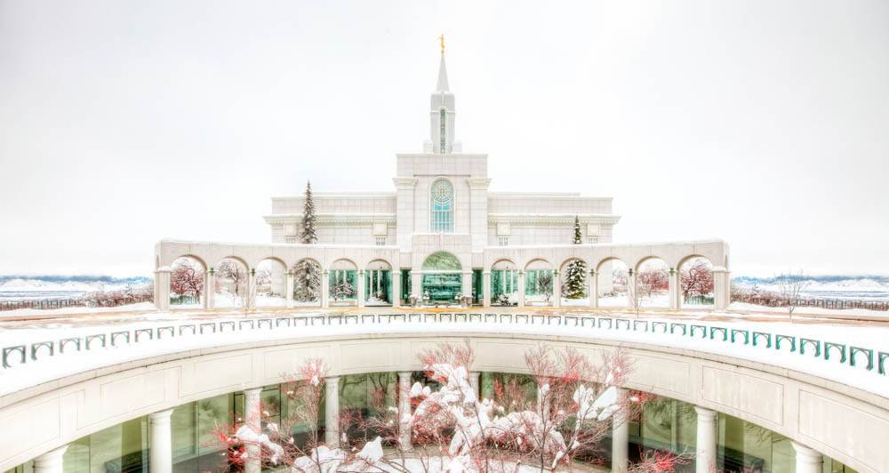 Bountiful Temple atrium view, showing snow-covered trees.