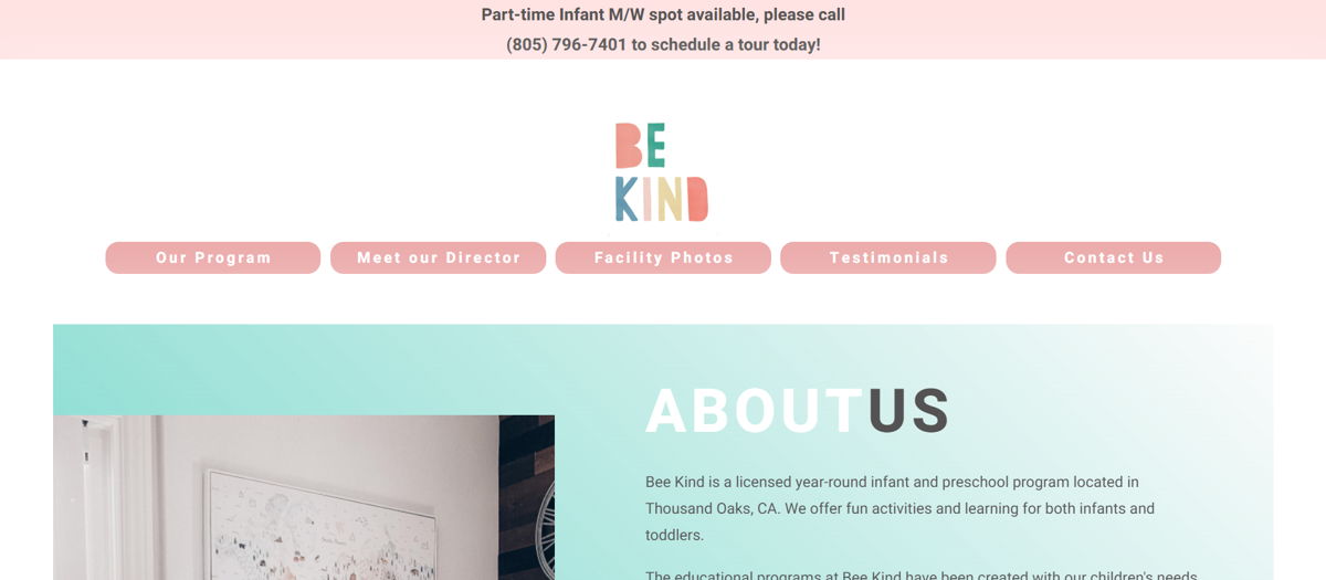 Screenshot of Bee Kind Daycare & Preschool, from the school websites collection.