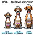 VierBeinerGlück Gassi-Schutz Drops, Kleiner Hund 2 Drops pro Tag, Tüte hält 3 Monate. Mittlerer Hund 4 Drops pro Tag, Tüte hält 6 Wochen. Grosser Hund 6 Drops pro Tag, Tüte hält 1 Monat.