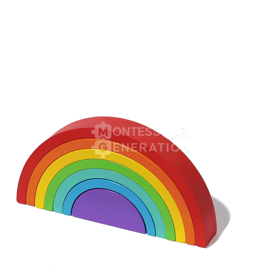 Colorful pieces of a Montessori wooden rainbow toy with pegs and arches in a stop motion.