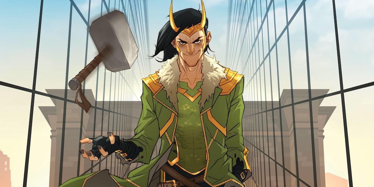 Comic book image of Loki wearing his classic green outfit holding Thors hammer.