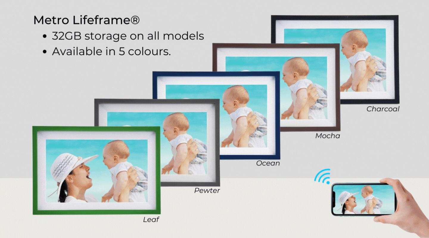 Digital Photo Frames. Frameo. New Metro range available in five colours.