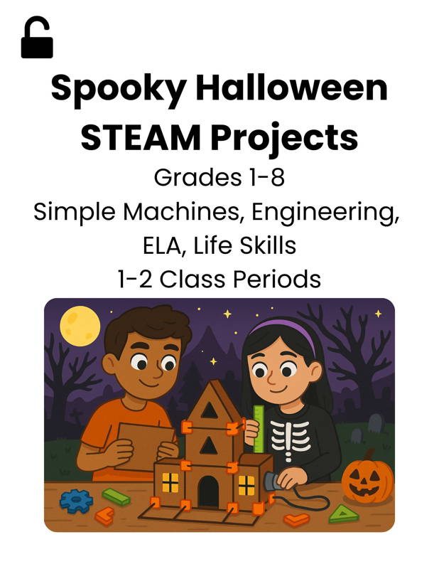 Image of two elementary students building a cardboard haunted house with a 3DuxDesign kit during a Halloween STEAM lesson. Shows hands-on STEM education simple machines early engineering and project-based learning for grades 1–8. Ideal for teachers seeking creative seasonal STEM activities for boys and girls.