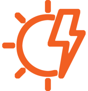 An orange icon combining a sun with rays on the left and a lightning bolt on the right, symbolizing solar energy or renewable energy.