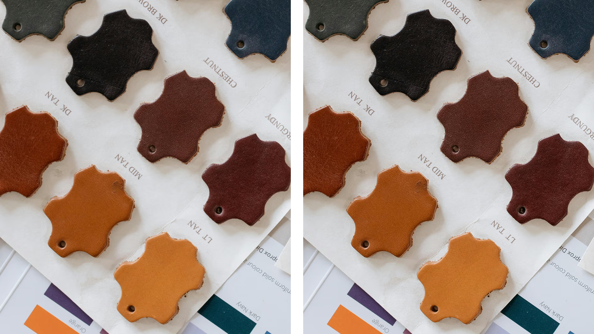 Leather pieces for E-commerce, original on the left, sharpened on the right