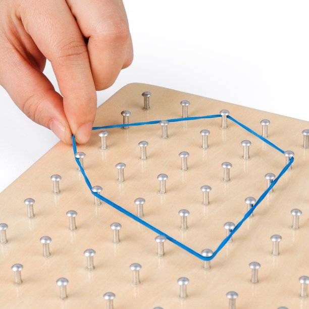 Hand placing rubber band over stainless steel pins on a wooden geoboard.