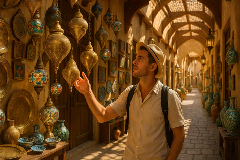 A young man wearing a fedora hat reaches out to touch a large ornate brass lamp hanging in a bustling market alleyway filled with unique lamps and pottery.