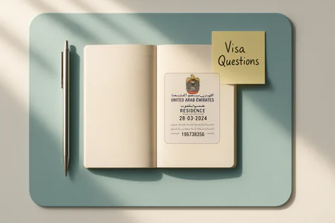 An open booklet displaying a UAE residence visa sticker with the date and a number. A pen and a yellow 'Visa Questions' sticky note are placed alongside on a blue background.