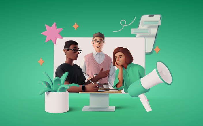 3D cartoon employees socializing for Confetti's Virtual Social Mixer
