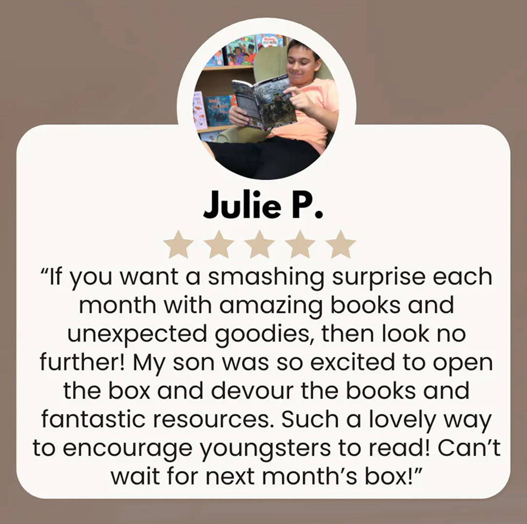 Little  boy holding books with a review for Happier Every Chapter Little Literates book box