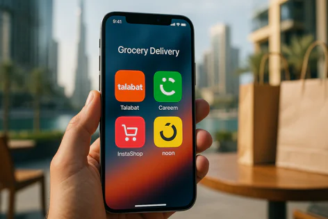Hand holding a smartphone displaying the icons for popular grocery delivery apps: Talabat, Careem, InstaShop, and Noon, with a city background.