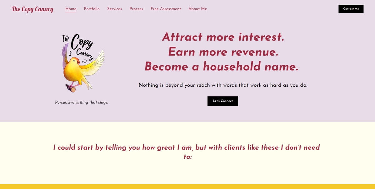 Screenshot of The Copy Canary, from the copywriting portfolios collection.